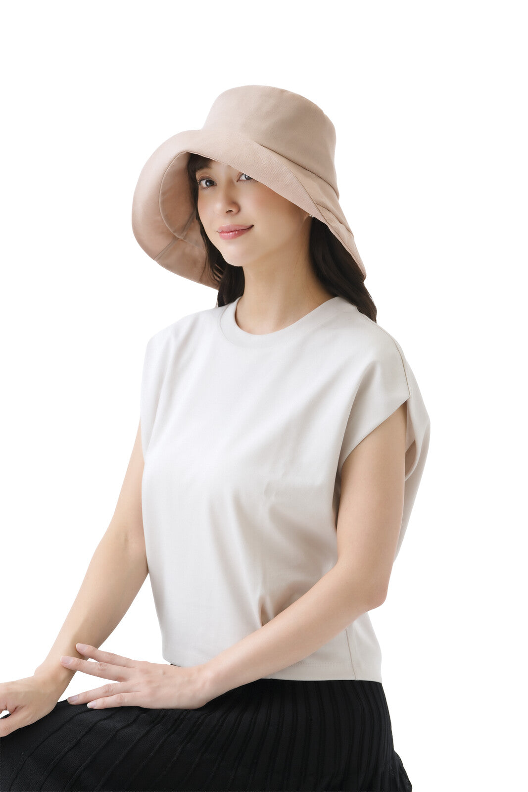 UV防晒亚麻混纺凉感遮阳帽 – 米色