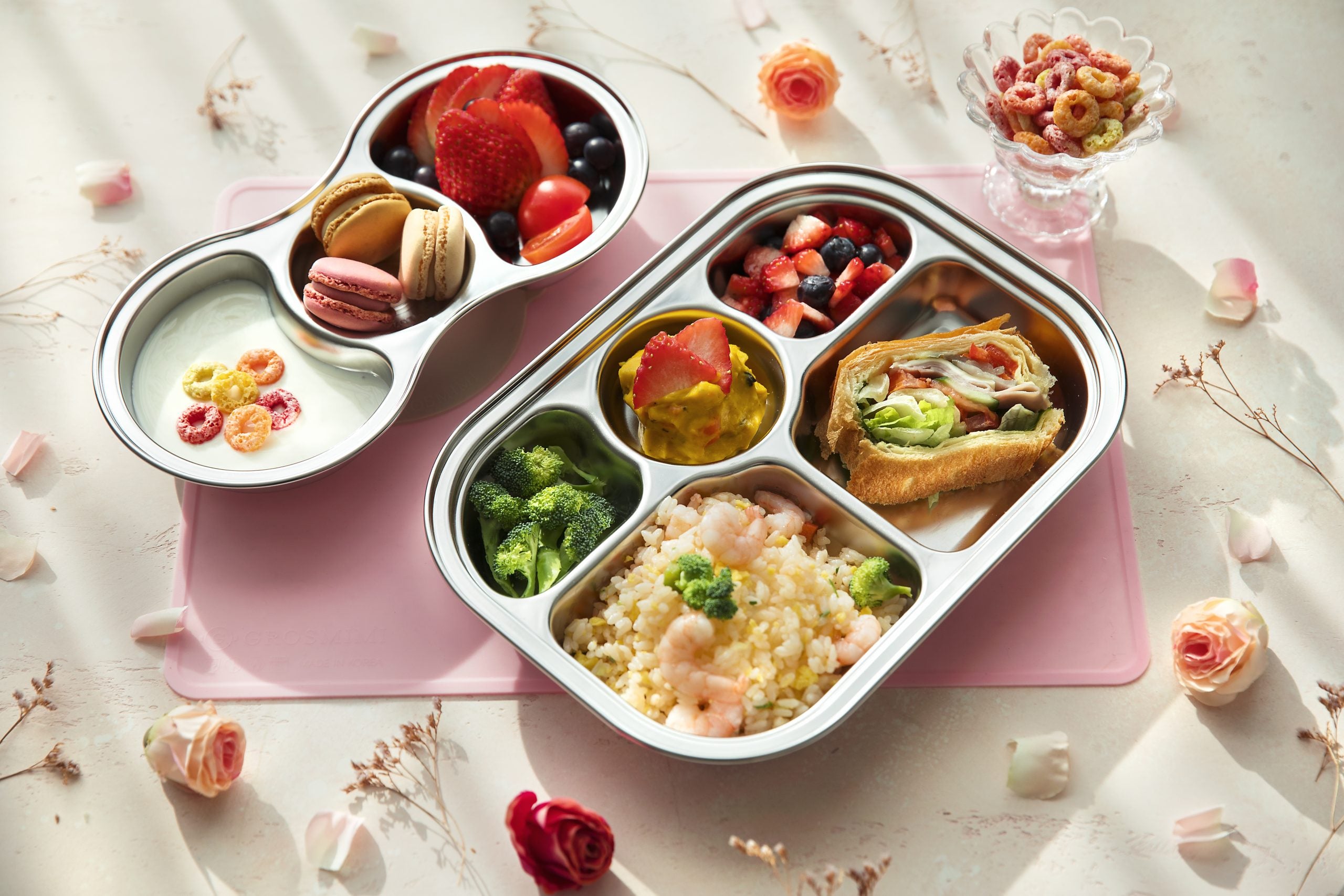 GROSMIMI Stainless Food Tray 5 Compartment With Suction Plate And Lid