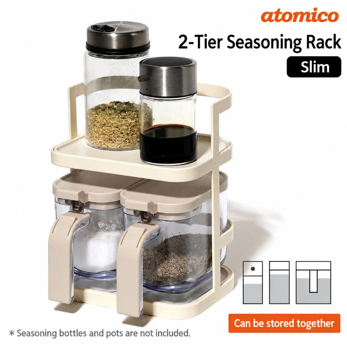 Atomico 2-Tier Slim Spice Rack – Kitchen Seasoning Organiser (Beige)