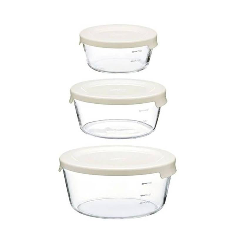 HARIO Heat-Resistant Glass Food Storage Container Set (3-Piece, Round) – Off White