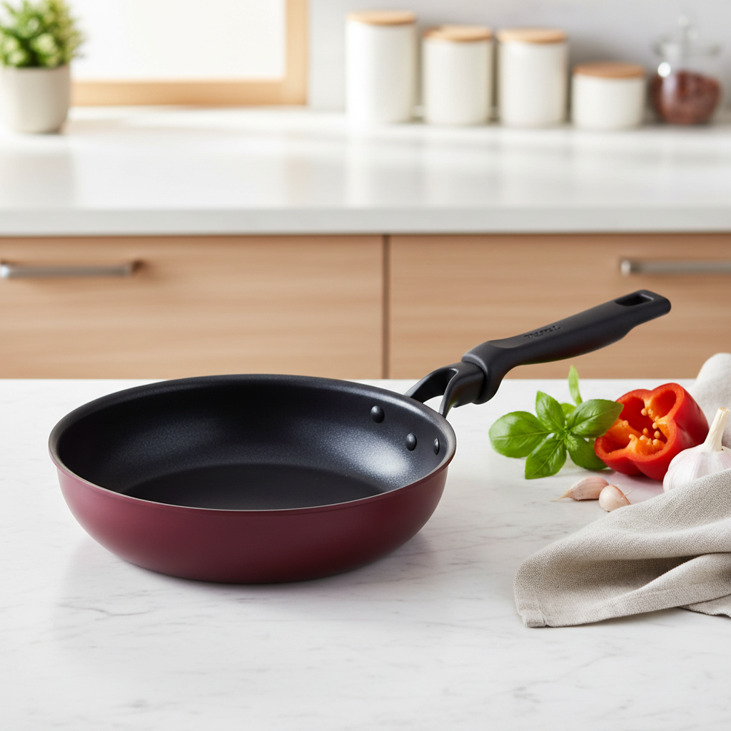 Red and black frying pan in modern kitchen setting